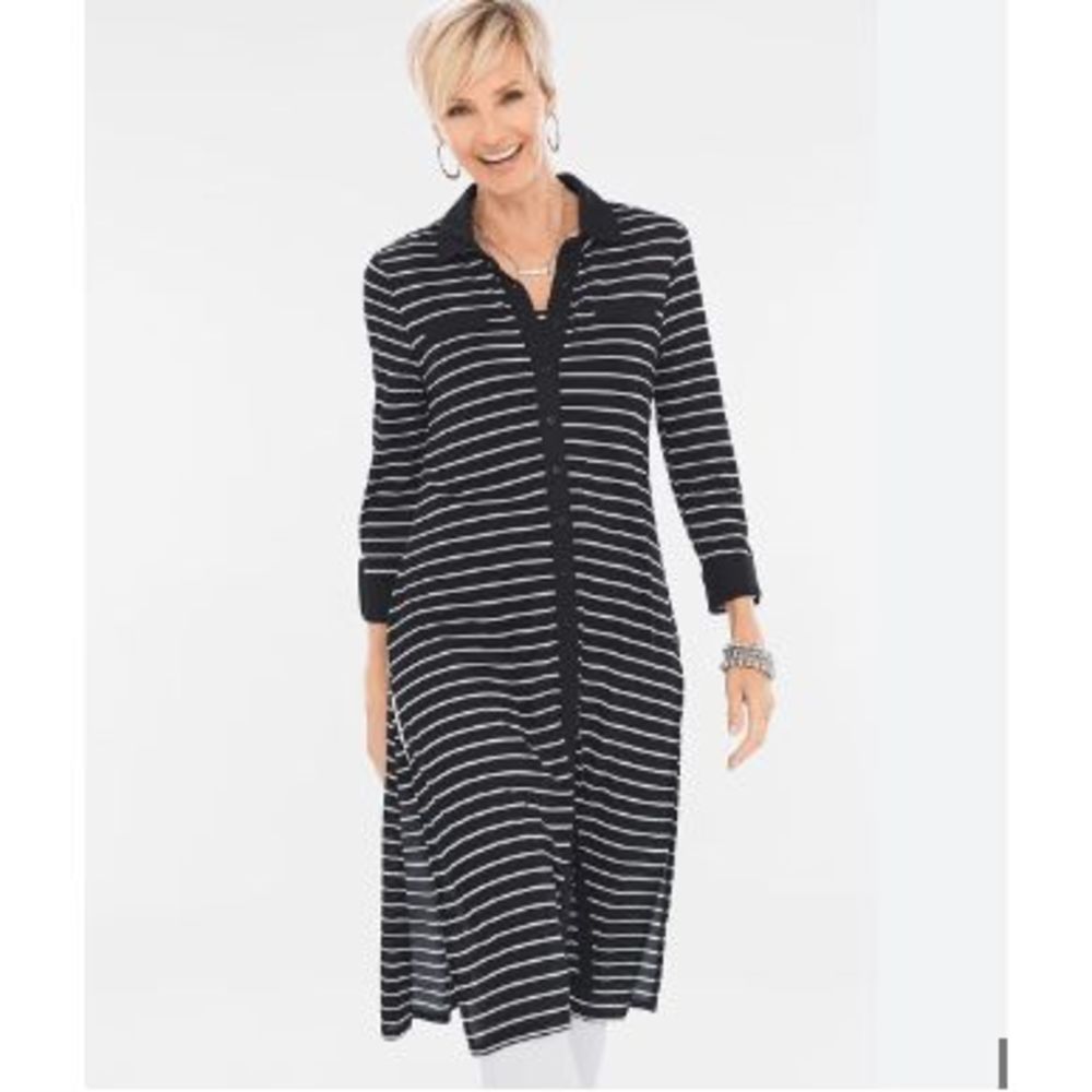 ❤ Chico's Striped Tunic Top 2 L Black Collared Buttons 3/4 Sleeve Mesh Sheer